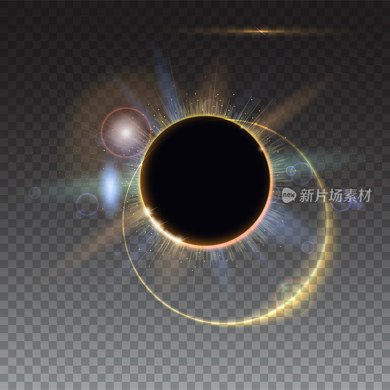 Solar eclipse, abstract light-rays of light. Blurred light rays and lens flare backdrop. Star burst with sparkles. The planet covering the Sun. Isolated on transparent background